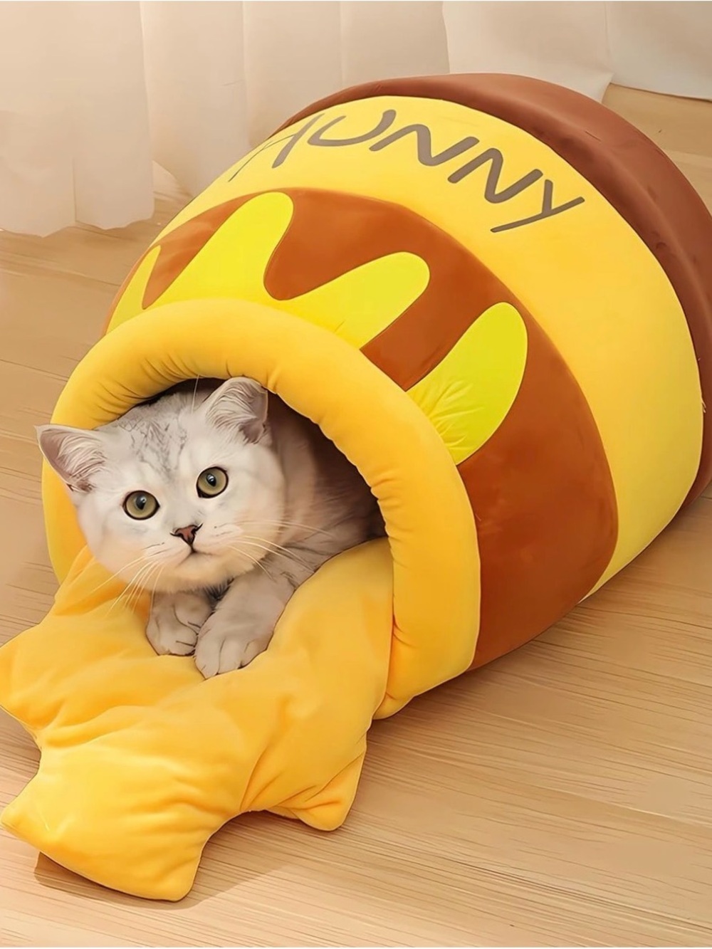 Yellow Brown Honey Jar Cat Bed - Cozy Plush Pet Cave